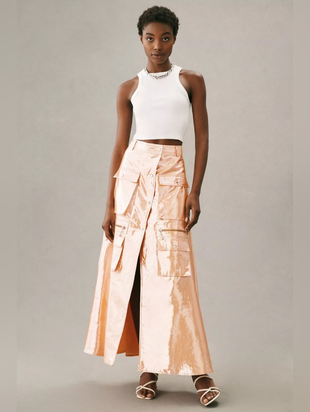 Anthro Let Me Be Metallic Orange Cargo Maxi Snap Up Skirt Festival Small NWT New